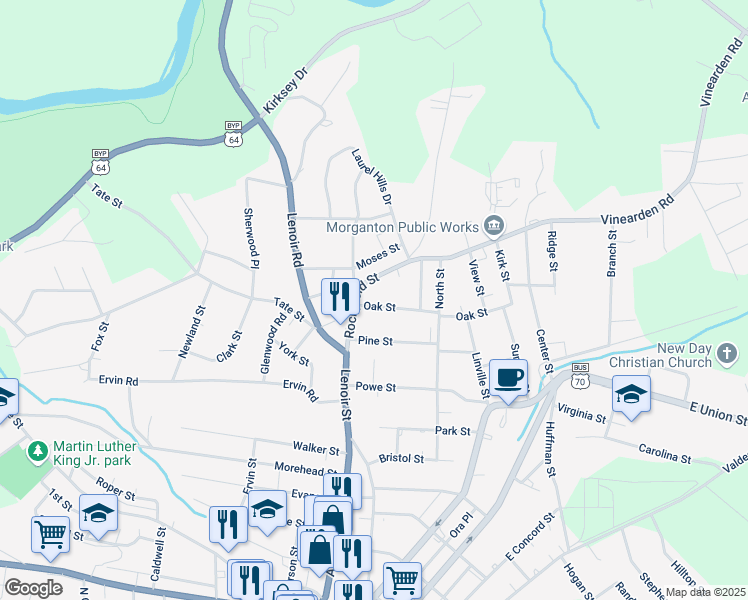 map of restaurants, bars, coffee shops, grocery stores, and more near 105 Oak Street in Morganton