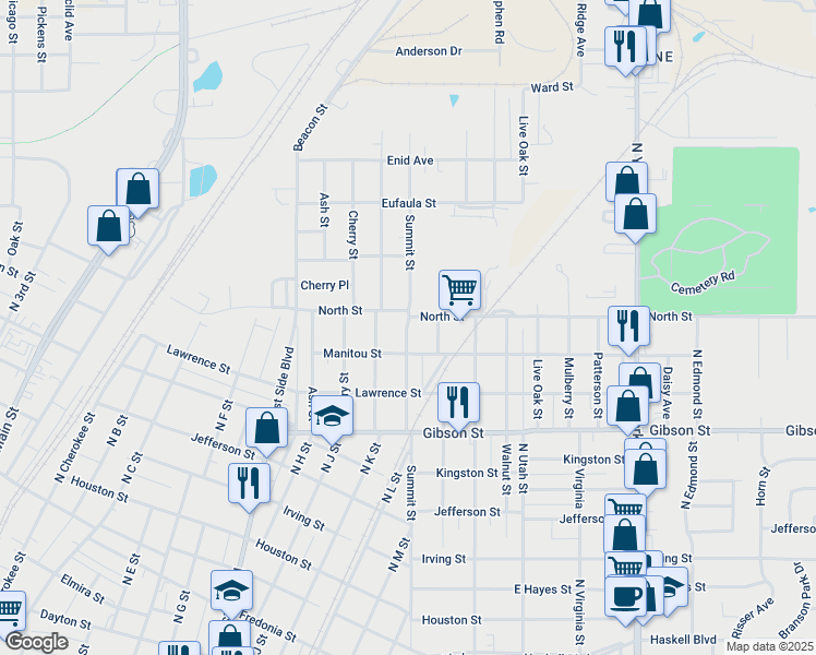 map of restaurants, bars, coffee shops, grocery stores, and more near 1322 Summit Street in Muskogee