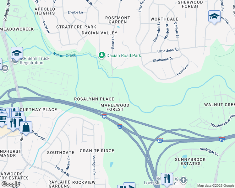 map of restaurants, bars, coffee shops, grocery stores, and more near 1604 King Arthur Road in Raleigh