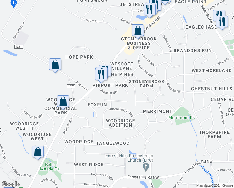 map of restaurants, bars, coffee shops, grocery stores, and more near 3507 Jayne Lane Northwest in Wilson