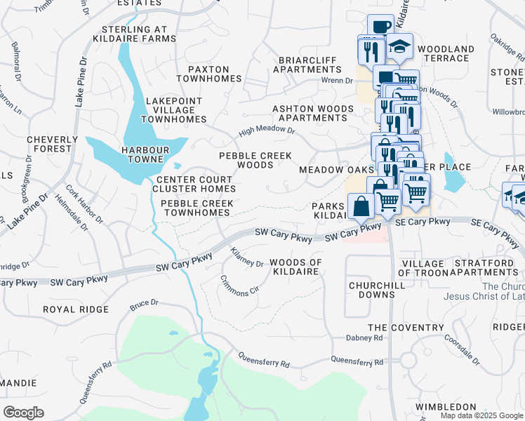 map of restaurants, bars, coffee shops, grocery stores, and more near 151 Carmichael Court in Cary
