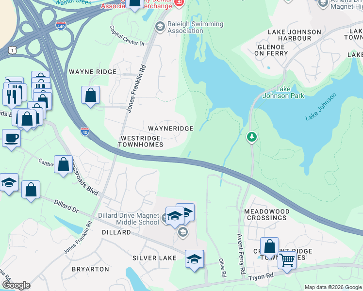 map of restaurants, bars, coffee shops, grocery stores, and more near 5363 Wayne Street in Raleigh