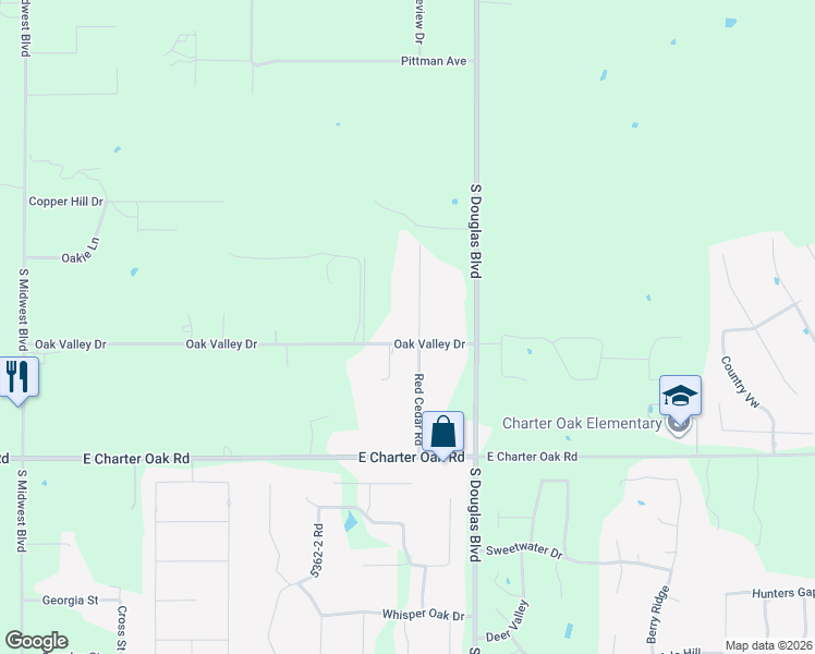 map of restaurants, bars, coffee shops, grocery stores, and more near 11601 Red Cedar Road in Guthrie
