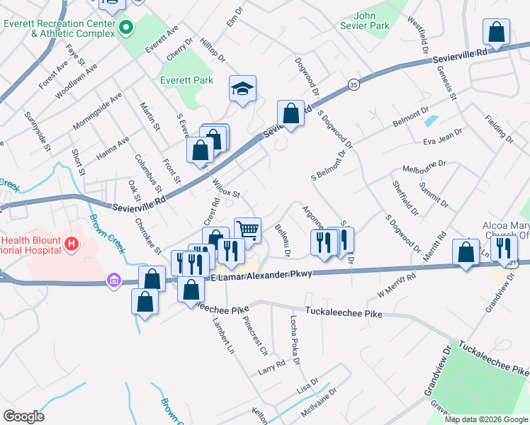 map of restaurants, bars, coffee shops, grocery stores, and more near 1804 Navarone Circle in Maryville