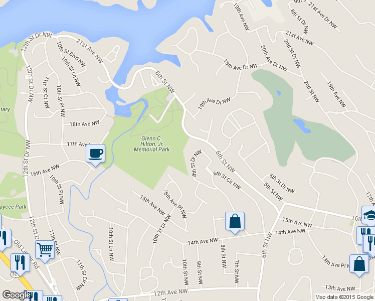 map of restaurants, bars, coffee shops, grocery stores, and more near 1751 8th Street Drive Northwest in Hickory