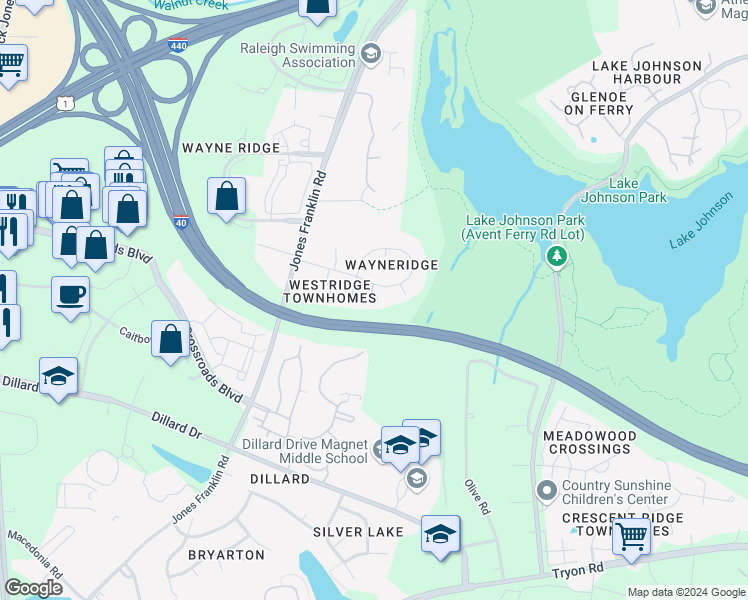 map of restaurants, bars, coffee shops, grocery stores, and more near 1600 Pinna Court in Raleigh