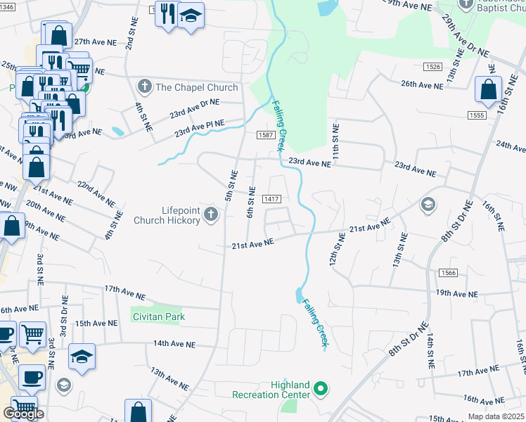 map of restaurants, bars, coffee shops, grocery stores, and more near 747 21st Avenue Northeast in Hickory