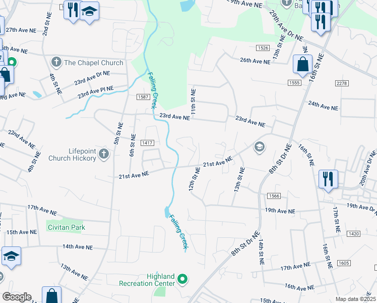map of restaurants, bars, coffee shops, grocery stores, and more near 1021 21st Avenue Northeast in Hickory