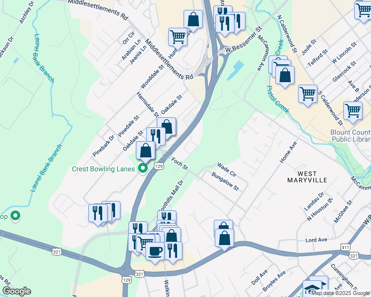 map of restaurants, bars, coffee shops, grocery stores, and more near 538 Winona Circle in Maryville