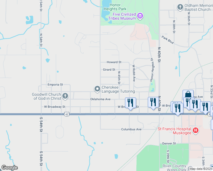 map of restaurants, bars, coffee shops, grocery stores, and more near 4701 Emporia Street in Muskogee