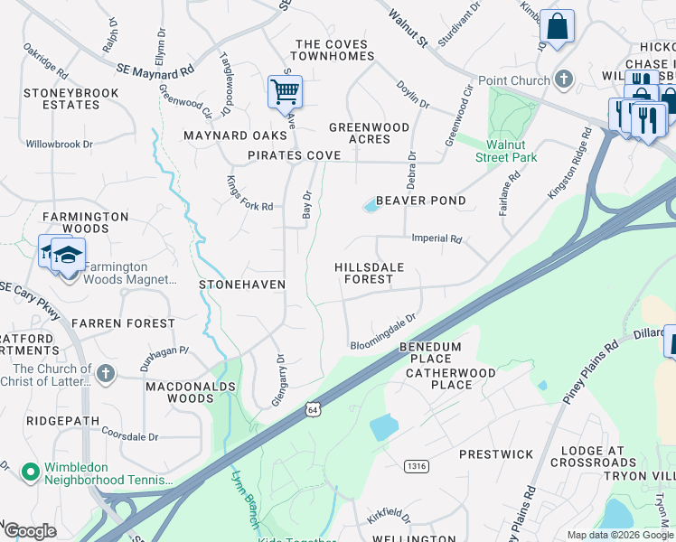 map of restaurants, bars, coffee shops, grocery stores, and more near 1506 Bloomingdale Drive in Cary