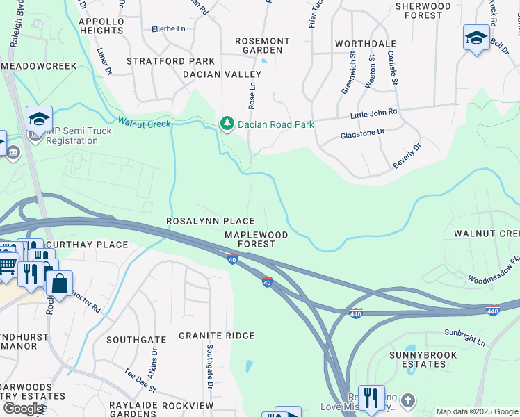 map of restaurants, bars, coffee shops, grocery stores, and more near 1604 King Arthur Road in Raleigh