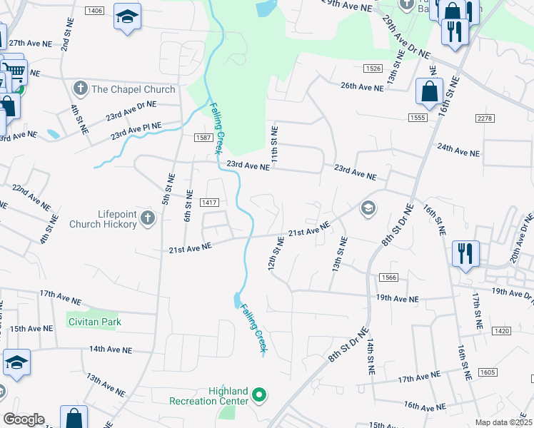 map of restaurants, bars, coffee shops, grocery stores, and more near 1021 21st Avenue Northeast in Hickory