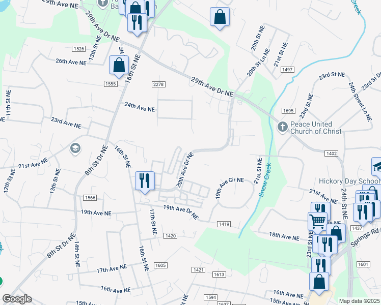 map of restaurants, bars, coffee shops, grocery stores, and more near 20th Avenue Drive Northeast in Hickory