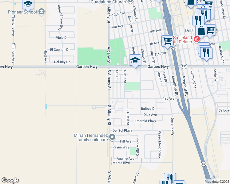 map of restaurants, bars, coffee shops, grocery stores, and more near 117 Asti Street in Delano