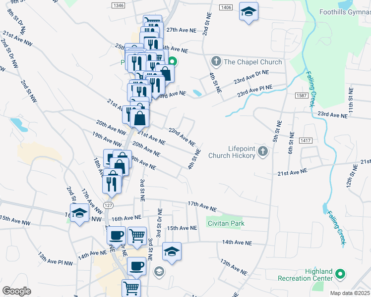 map of restaurants, bars, coffee shops, grocery stores, and more near 363 21st Ave NE in Hickory