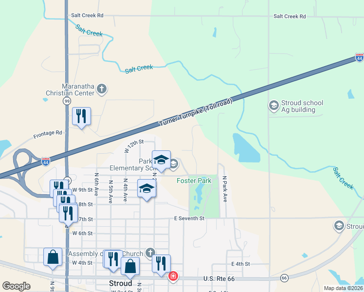 map of restaurants, bars, coffee shops, grocery stores, and more near 121 E Park Plaza Dr in Stroud