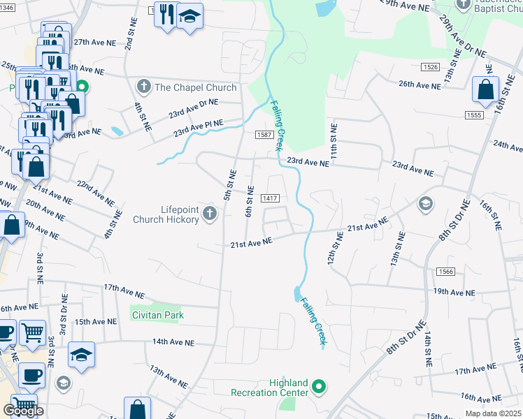 map of restaurants, bars, coffee shops, grocery stores, and more near 747 21st Avenue Northeast in Hickory