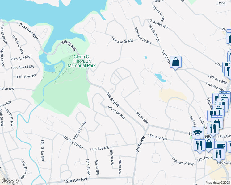 map of restaurants, bars, coffee shops, grocery stores, and more near 513 19th Avenue Circle Northwest in Hickory