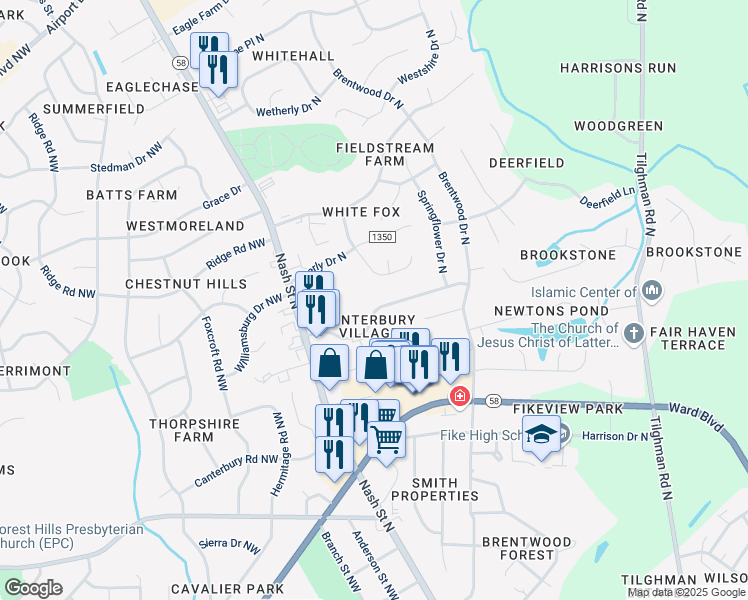 map of restaurants, bars, coffee shops, grocery stores, and more near 2824 Daisy Ln N in Wilson