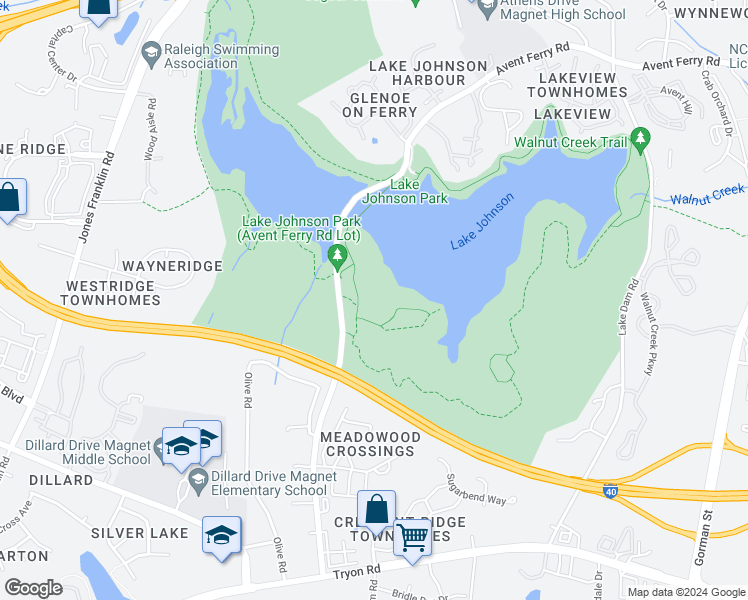 map of restaurants, bars, coffee shops, grocery stores, and more near 4603 Avent Ferry Road in Raleigh