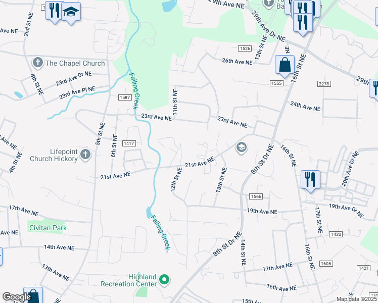 map of restaurants, bars, coffee shops, grocery stores, and more near 1107 21st Avenue Northeast in Hickory