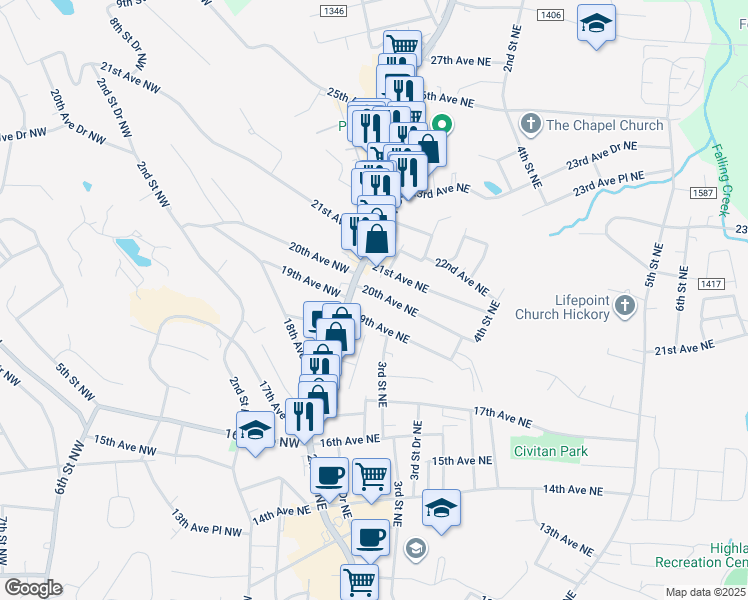 map of restaurants, bars, coffee shops, grocery stores, and more near 36 20th Avenue Northeast in Hickory