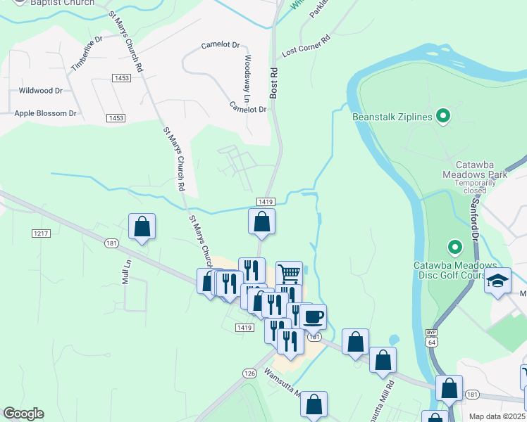 map of restaurants, bars, coffee shops, grocery stores, and more near 120 Bost Road in Morganton