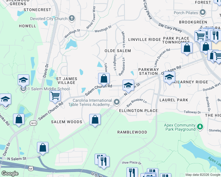 map of restaurants, bars, coffee shops, grocery stores, and more near 856 New Derby Lane in Apex