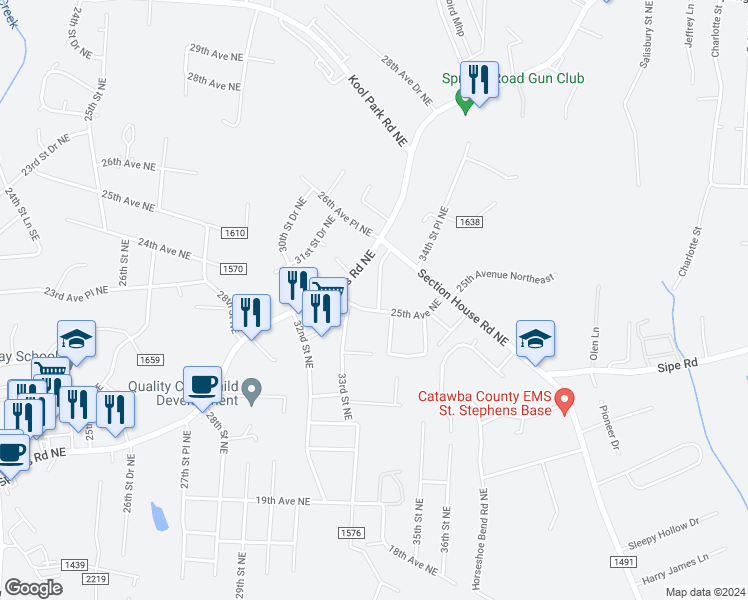map of restaurants, bars, coffee shops, grocery stores, and more near 3335 25th Avenue Northeast in Hickory