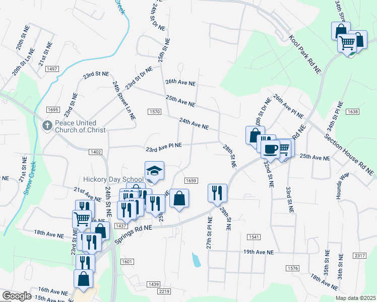 map of restaurants, bars, coffee shops, grocery stores, and more near 2632 23rd Avenue Place Northeast in Hickory