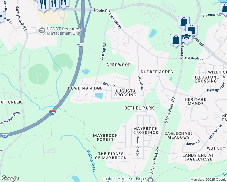 map of restaurants, bars, coffee shops, grocery stores, and more near 1517 Flowering Peach Trail in Raleigh
