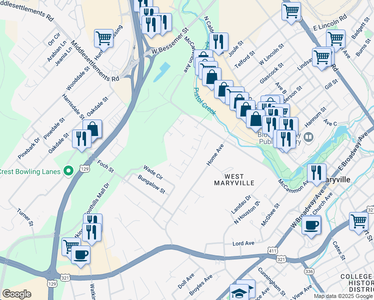 map of restaurants, bars, coffee shops, grocery stores, and more near 341 Port Place in Maryville