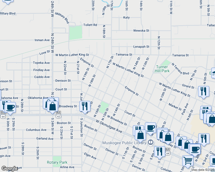map of restaurants, bars, coffee shops, grocery stores, and more near 443 North 16th Street in Muskogee