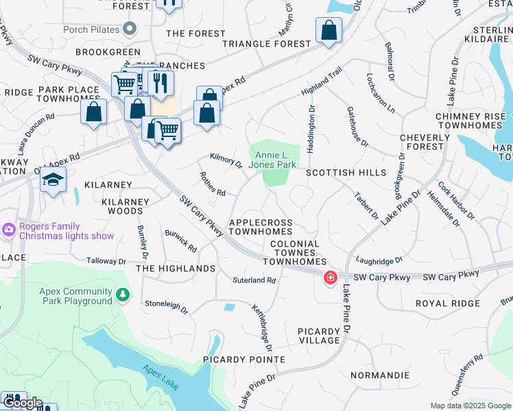 map of restaurants, bars, coffee shops, grocery stores, and more near 404 Applecross Drive in Cary