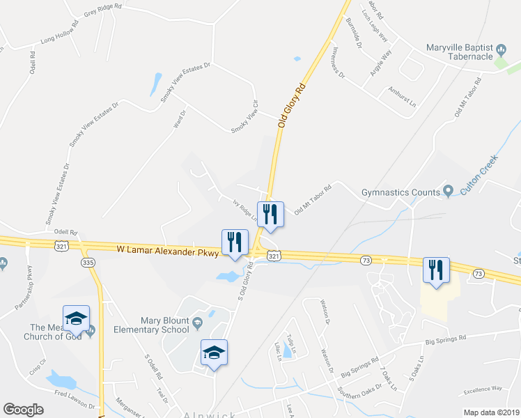 map of restaurants, bars, coffee shops, grocery stores, and more near 321 McCulley Lane in Maryville