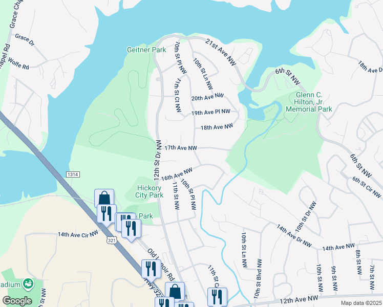 map of restaurants, bars, coffee shops, grocery stores, and more near 1639 10th Street Place Northwest in Hickory