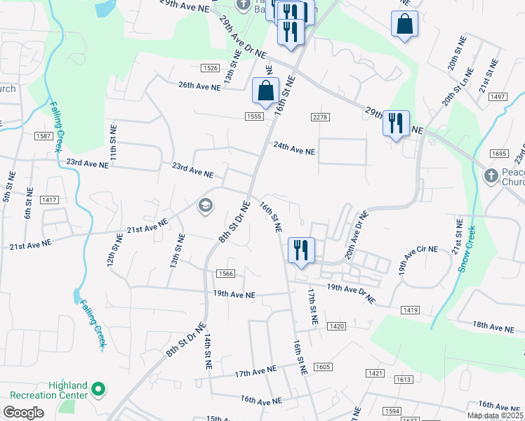 map of restaurants, bars, coffee shops, grocery stores, and more near 2053 16th Street Northeast in Hickory