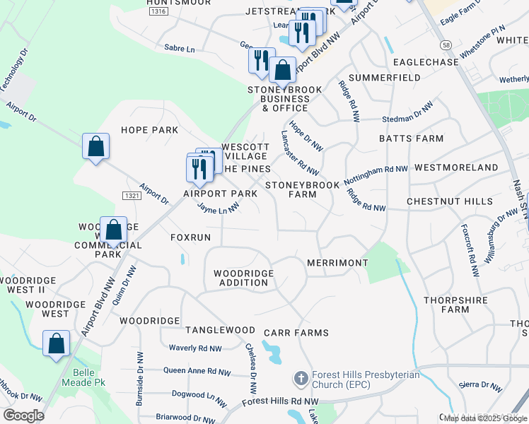 map of restaurants, bars, coffee shops, grocery stores, and more near 3511 Pear Tree Court Northwest in Wilson