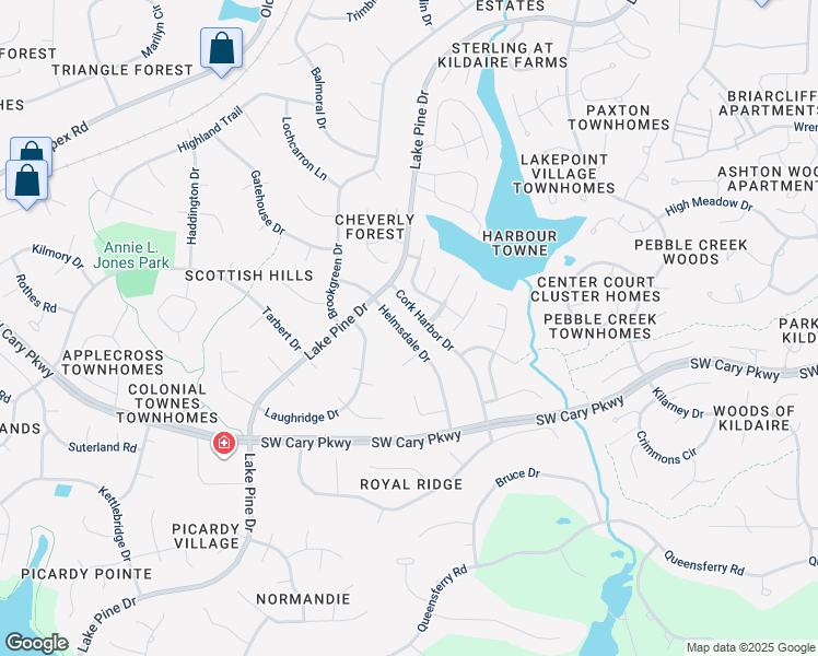 map of restaurants, bars, coffee shops, grocery stores, and more near 1325 Helmsdale Drive in Cary