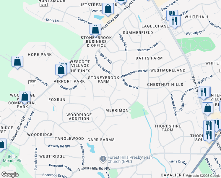 map of restaurants, bars, coffee shops, grocery stores, and more near 3310 Brook Lane Northwest in Wilson