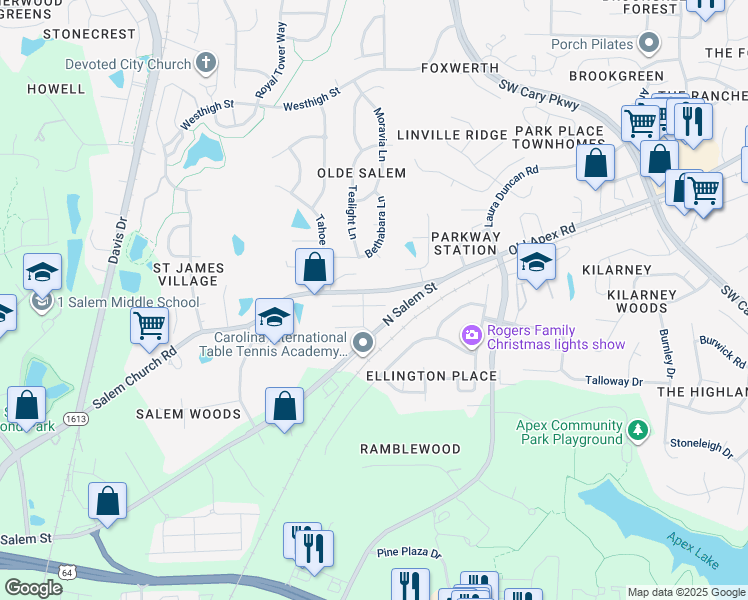map of restaurants, bars, coffee shops, grocery stores, and more near 812 New Derby Lane in Apex