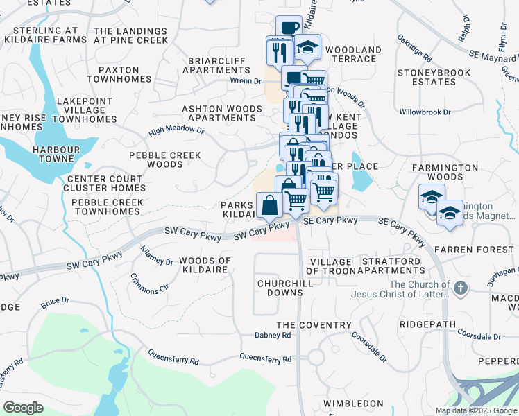 map of restaurants, bars, coffee shops, grocery stores, and more near 209 Clancy Circle in Cary