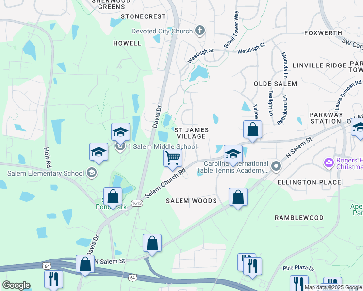 map of restaurants, bars, coffee shops, grocery stores, and more near 1401 Manter Lane in Apex