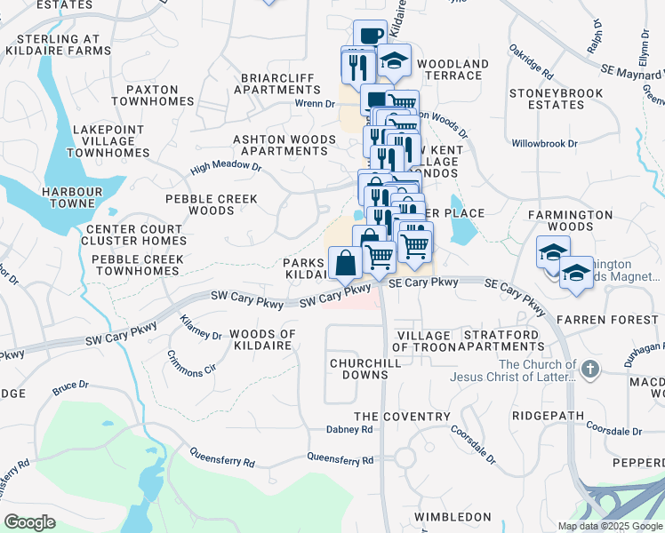 map of restaurants, bars, coffee shops, grocery stores, and more near 209 Clancy Circle in Cary