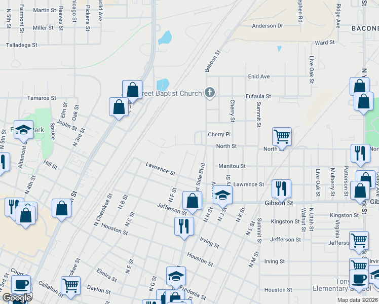 map of restaurants, bars, coffee shops, grocery stores, and more near 1306 North F Street in Muskogee