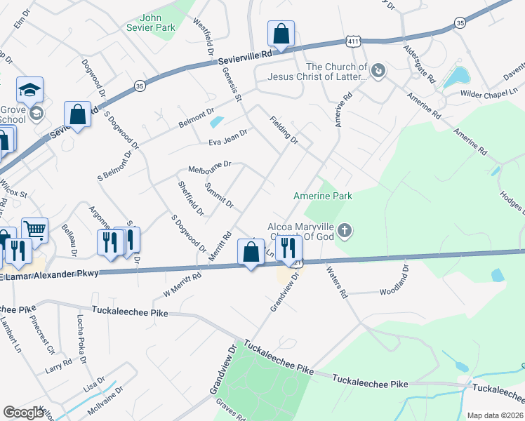 map of restaurants, bars, coffee shops, grocery stores, and more near 129 Browns Court in Maryville