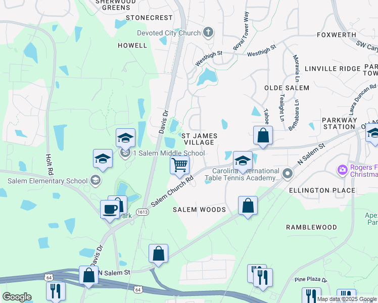 map of restaurants, bars, coffee shops, grocery stores, and more near 1401 Manter Lane in Apex