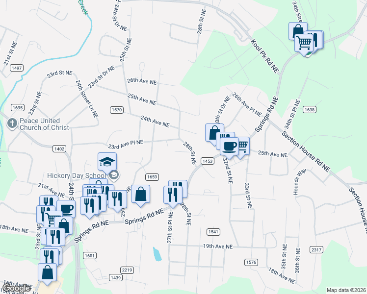 map of restaurants, bars, coffee shops, grocery stores, and more near 2357 28th Street Northeast in Hickory