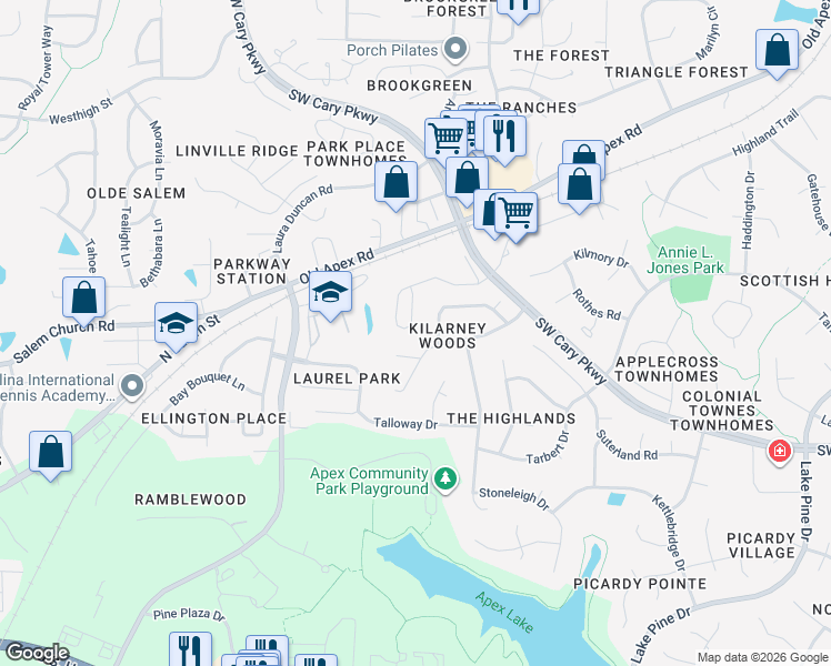 map of restaurants, bars, coffee shops, grocery stores, and more near 3036 Kilarney Ridge Loop in Cary